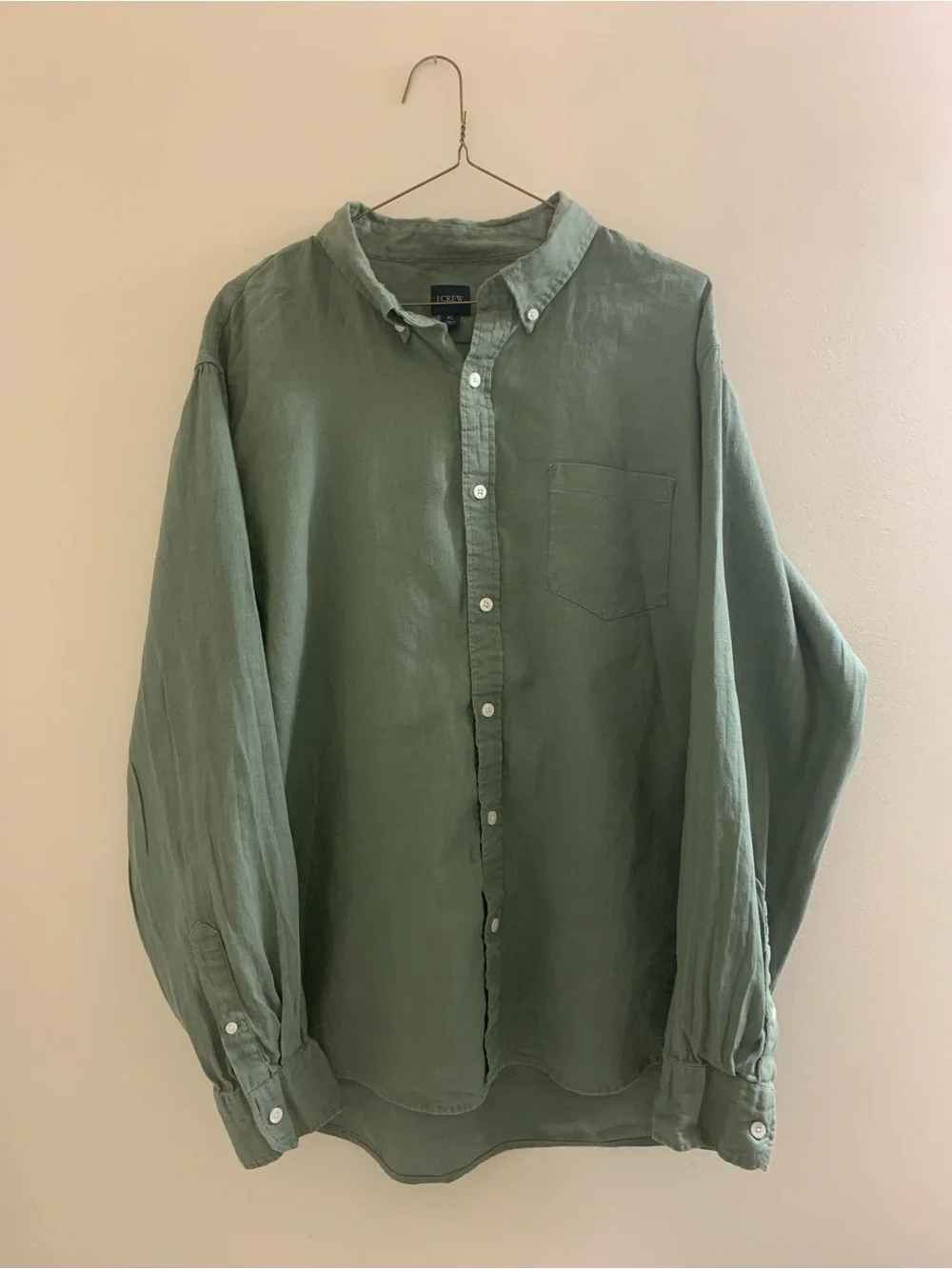 J. Crew — men’s long sleeve button up cotton/linen blend green shirt